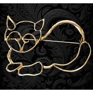 Clean Girl Aesthetic Gold Wire Cat Brooch Vintage Art Deco Abstract Kitten Pin